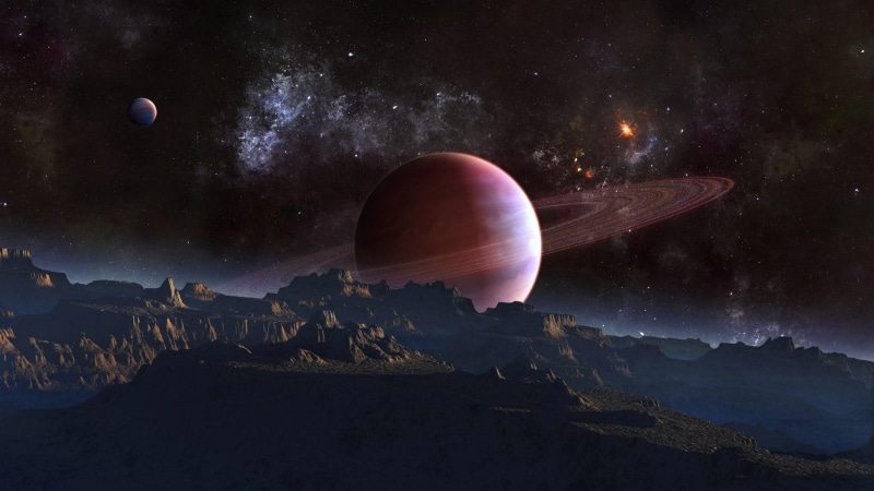 space art, alien landscape, 1080P, space, surface, alien planet, universe, planet, ringed planet