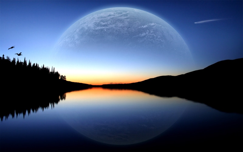 sunset, 2K, alien, lake, reflection, landscape, hd, fantasy, planet