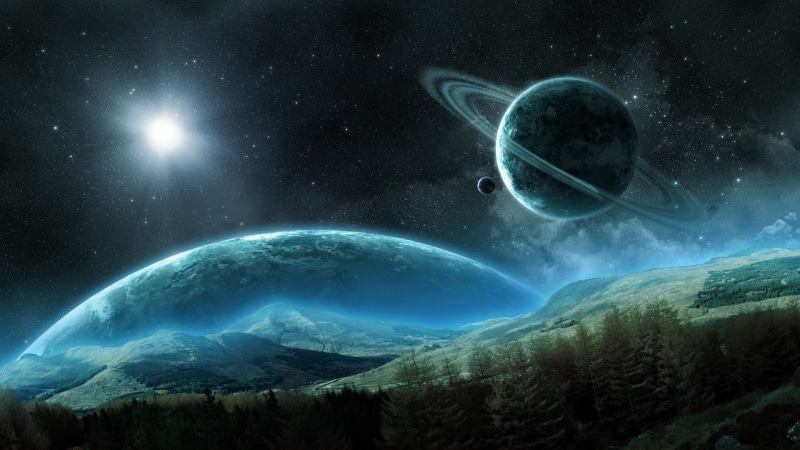 planetary ring, alien planet, night sky, night, environment, outdoors, fantasy art, star field, cold temperature, no people, star, mountain peak, sky, galaxy