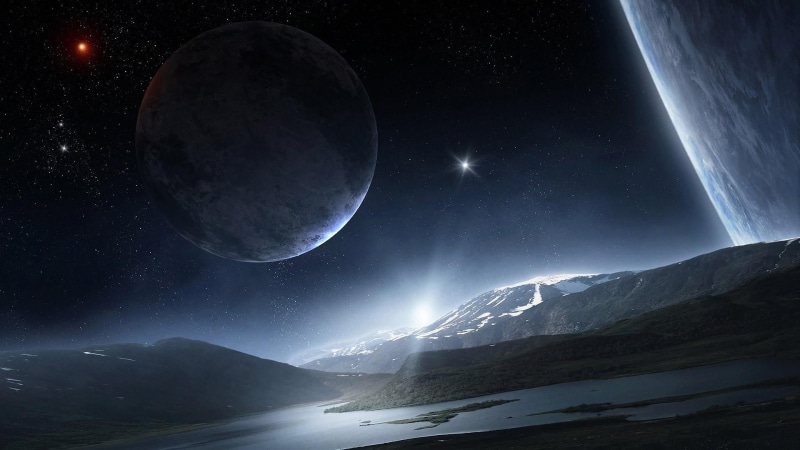 star - space, space, mountain, tranquil scene, bright, nature, fantasy art, astronomy, full moon, darkness, mountain range, scenics - nature, outer space