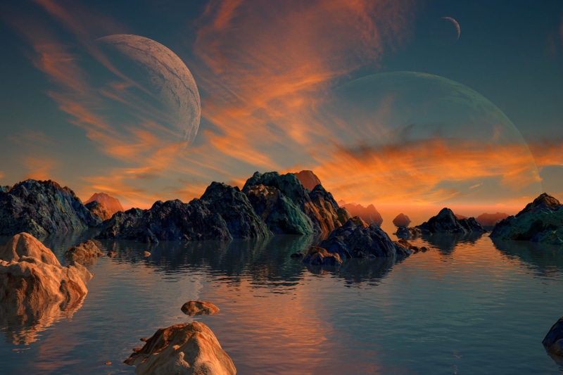 planets, evening, sky, clouds, fi, horizon, tranquility, dream, system, non-urban scene, rock - object, explore, light, solid, solar, ocean, astronomy