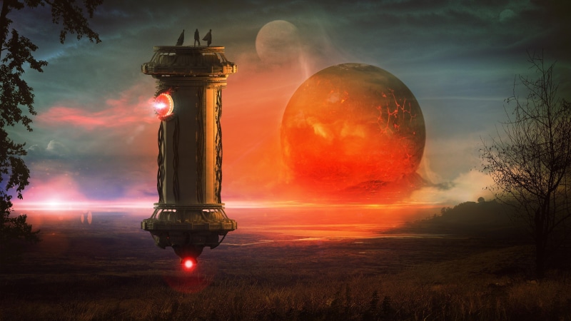 built structure, 4K, scifi, fantasy art, fiction, beauty in nature, hover, imagination, sun, tower, red, cloud - sky, levitate, outdoors, capsule, accidents and disasters