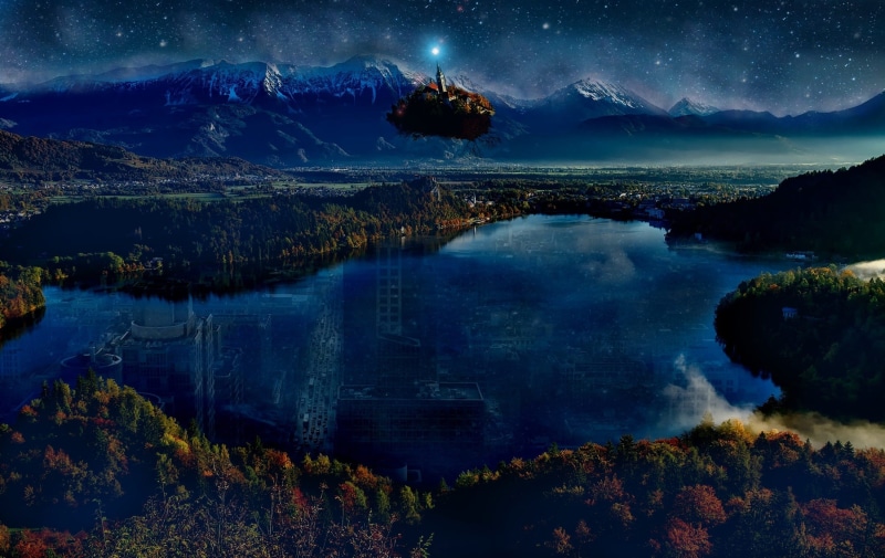 plant, Fantasy, 1080P, near, all, scenics, starry, scenics - nature, non-urban scene, reflection, star - space, body, Science Fiction, Island, structure