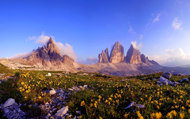 Stones, Blue, 1080P, Mountains, Sky, Rocks, Flowers, Spiky