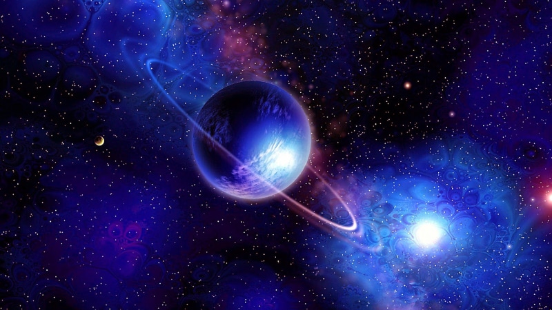 blue planet, space art, ringed planet, 1080P, cosmos, planet, universe, blue, stars