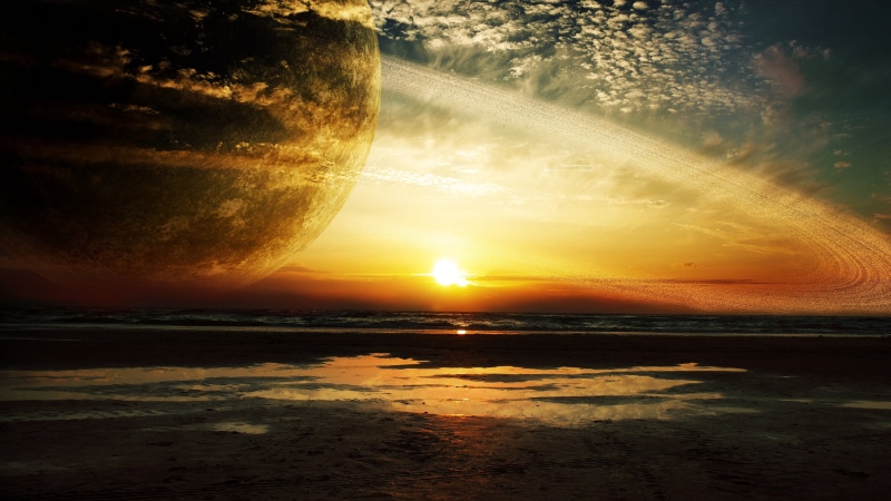 planet, dawn, idyllic, 4K, sea, scenics, summer, sun, no People, gold Colored, orange Color, water, seascape, tranquil Scene, sunlight, sky, rings, travel