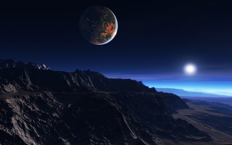 4K, Mist, exoplanet atmosphere, moon, rocks, Mountains, Download 3840x2400 exoplanet atmosphere, clouds backgrounds, stars