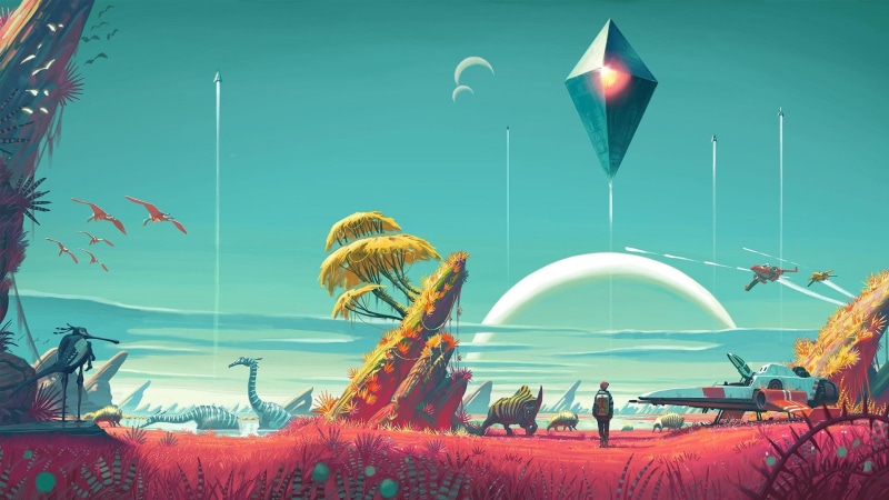 mo man`s sky, exoplanet, art, games, 1080P, space, pink, planet, science fiction, fantasy, green