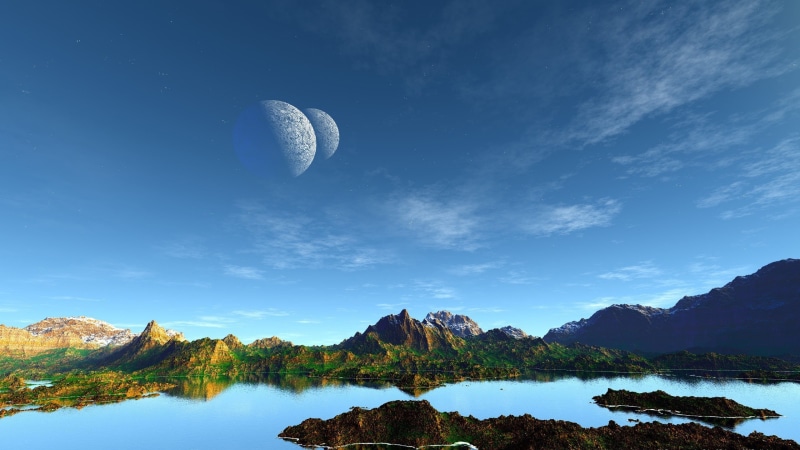 life, 2K, starry sky, water, satellites, cloud, surface, rock. mountains, exoplanet, brown, vegetation, mountain