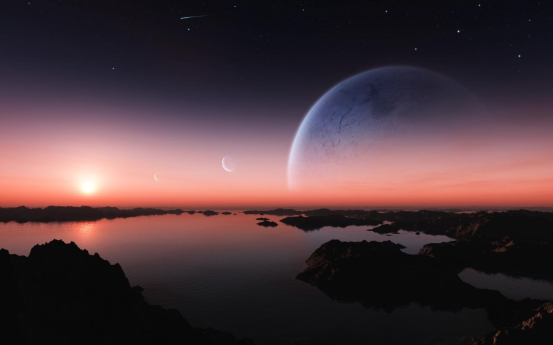 1080P, sunset, exoplanet, the evening, starry sky, rocks, meteor, star, surface, water, satellites, comet