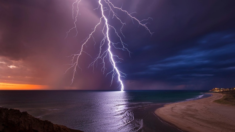 lightning, night, cloudy, sea, seashore, clouds, storm, 4K