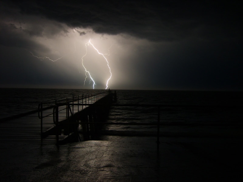 storm, 720P, black, dark, lightning, clouds, dock, nature, ocean, pier, hd, water