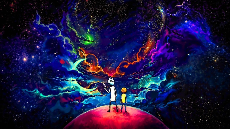 green, stars, red, space, white, purple, blue, pink, orange, black, Rick and Morty, Moon, 1080P, planet