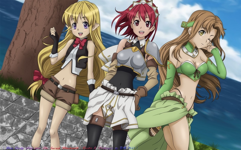 outdoors, focus on foreground, nature, anime girls, festival, Aria (Seiken no Blacksmith), toy, male likeness, sky, Seiken no Blacksmith, craft, female likeness