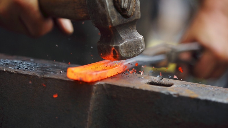 skill, occupation, burning, human hand, close-up, selective focus, human body part, heat - temperature, sparks, craft, blacksmith hammer metal, 1080P