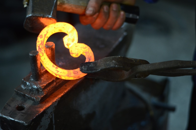 indoors, holding, steel, working, metal, hammer, tool, close-up, blacksmith, hand, factory, 4K, forging, industry, work tool, fire, orange color, glowing