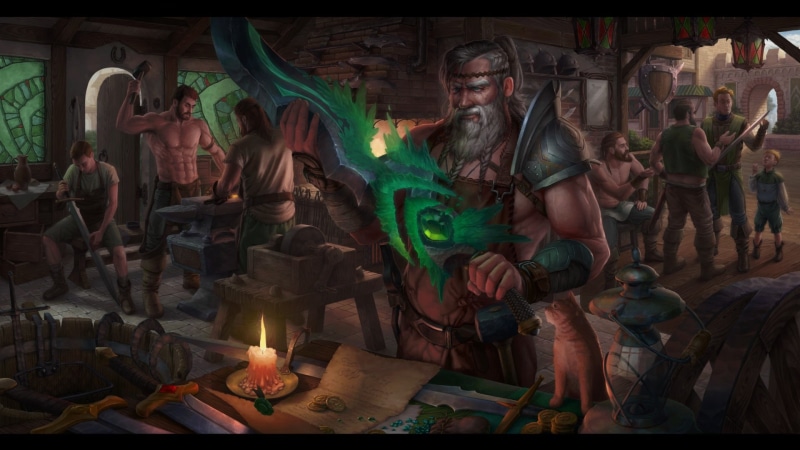 Eugene Rudakov, art, workshop, magic, fantasy, sword, smithy, Blacksmith, 1080P