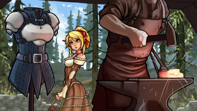 sculpture, fantasy, hammer, anime, look, Smith, forge, girl, focus on foreground, male likeness, illustration, blacksmith, 1080P, outdoors, human representation