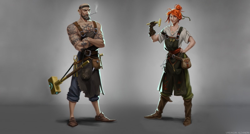 Smith, Blacksmith and his apprentice, Alexandra Vardanian, 2K, by Alexandra Vardanian, Male, Tattoo, Hammer, Blacksmith, Art, Girl