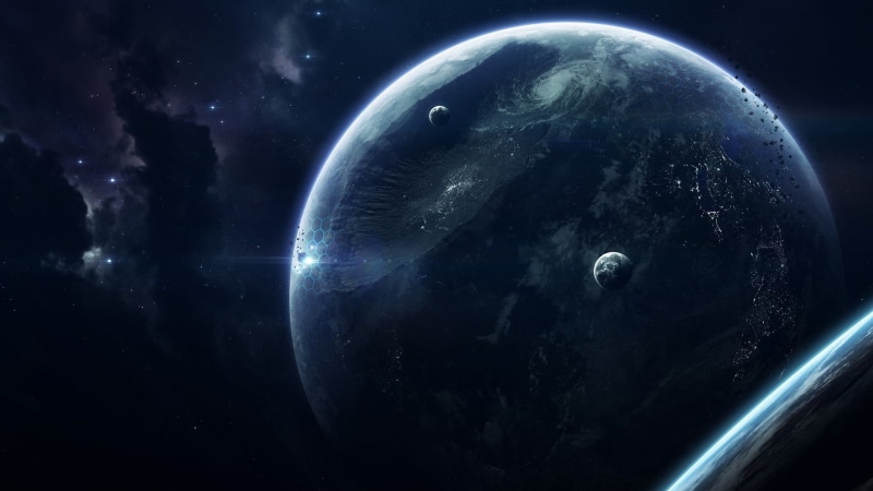 dark blue, planet, atmosphere, 1080P, sphere, scifi, sky, earthlike, moon, astronomy, no people, night, satellite view, space art, science, dark, light - natural phenomenon