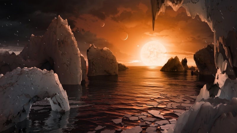 ice, trappist-1f, earthlike, planet, water, nasa, graphics, surface, sunrise, sun, 4K