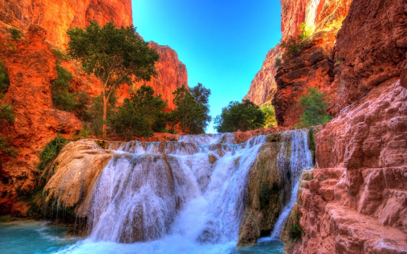 states, rocks, waterfall, Grand Canyon National Park, hdr, bushes, canyon, United States, Beaver Falls, beaver, Arizona, 2K, falls, united