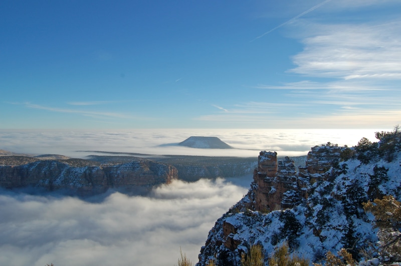 layer, weather, national, rare, thermal, canyon, clouds, sea of clouds, surrounded, cloud, landscape, snow, South Rim, brown, nature, photo, daytime, covered