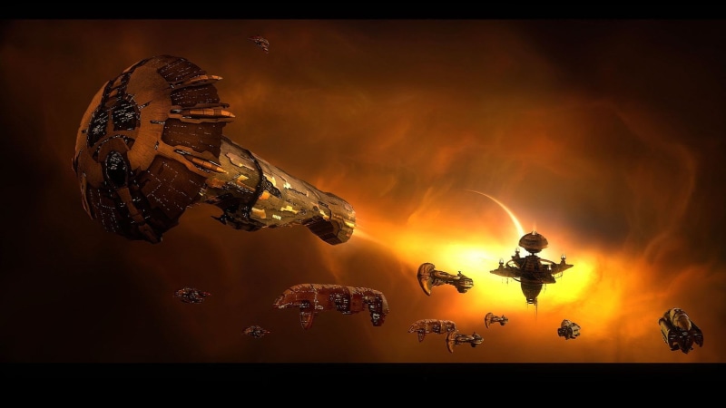 Amarr, digital composite, business, occupation, full length, night, spaceship, outdoors, people, mid-air, smoke - physical structure, orange color, water
