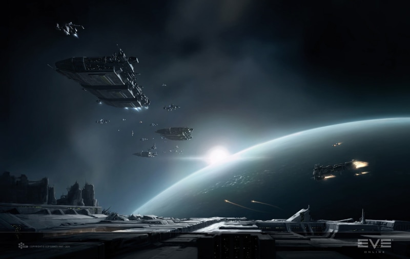 sky, 720P, travel, moon, flat, black, city, building exterior, space, air vehicle, water, outdoors, EVE Online, screen, no people, architecture, transportation
