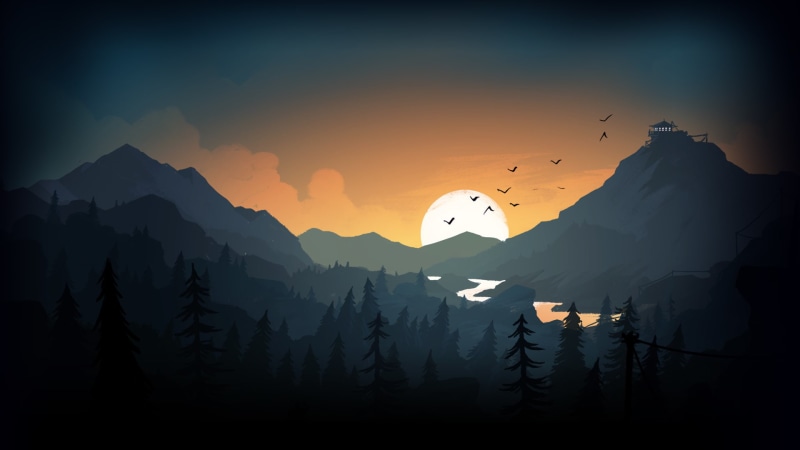 firewatch, drawing, mountains, 1080P, evening, sunset