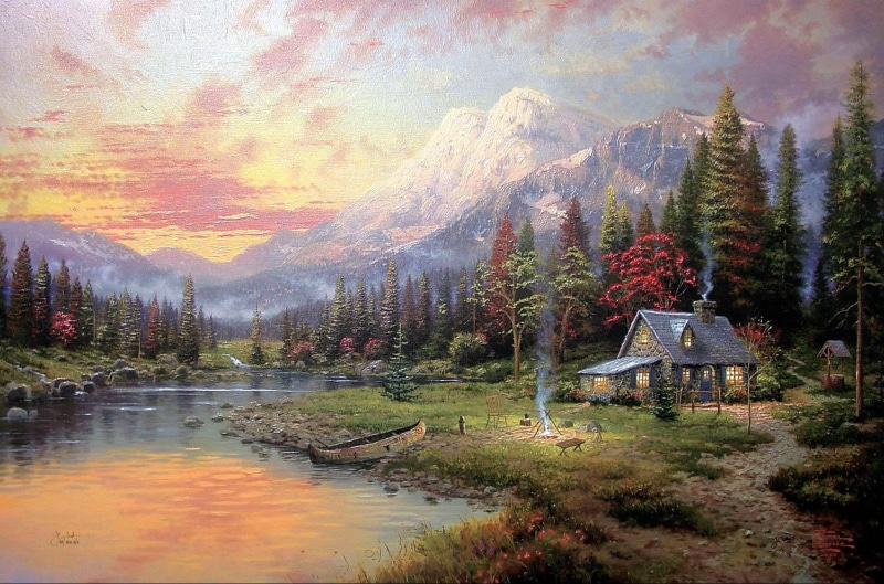 evening, painting, 1080P, cottage, tomas, majesty, kinkade, tomas kinkade, sunset, tree, 3d and abstract