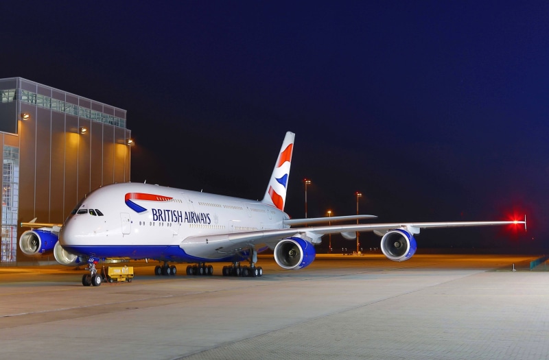 British Airways, 5K, The sky, Lights, Airport, Airbus, Sky, A380, Night, airplane, white
