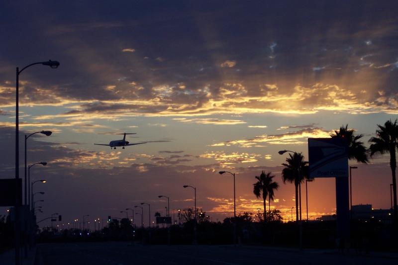 silhouette, nature, bird, transportation, airport, mid-air, flights, cloud - sky, colorful, outdoors, tropical climate, street, sunset, evening, los angeles