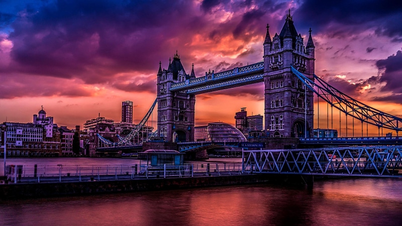 building exterior, illuminated, cloud - sky, bridge - man made structure, dusk, connection, purple, city, great britain, bridge, architecture, 4K, clouds