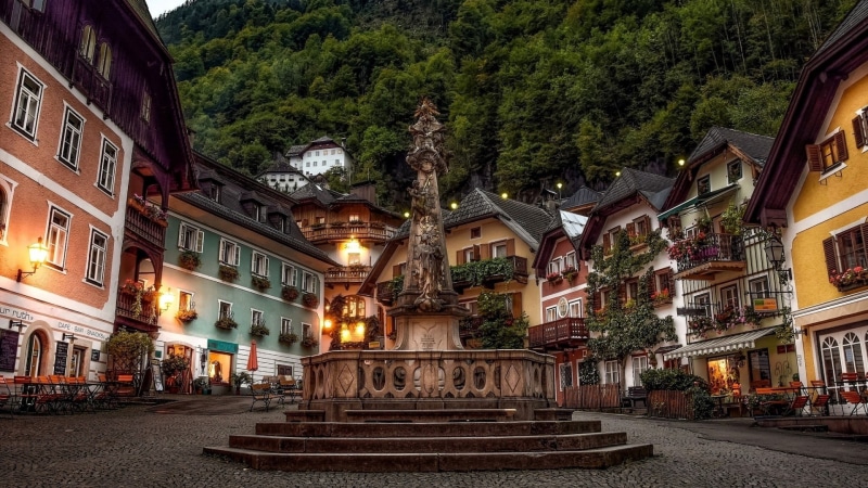 city, gray, day, Hallstatt, Austria, old, outdoors, lighting equipment, transportation, forest, travel destinations, lights, angel, architecture, residential district