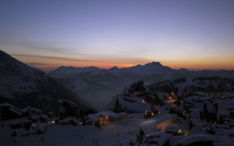 city, town, village, snowcapped mountain, view, nature, no people, alps, aerial, sunset, environment, snow, snowfield, built structure, mountain range