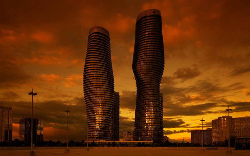 Mississauga, reflection, town square, Canada, sunset, Ontario, building, urban, evening, city, cityscape, clouds, window, modern, architecture, skyscraper