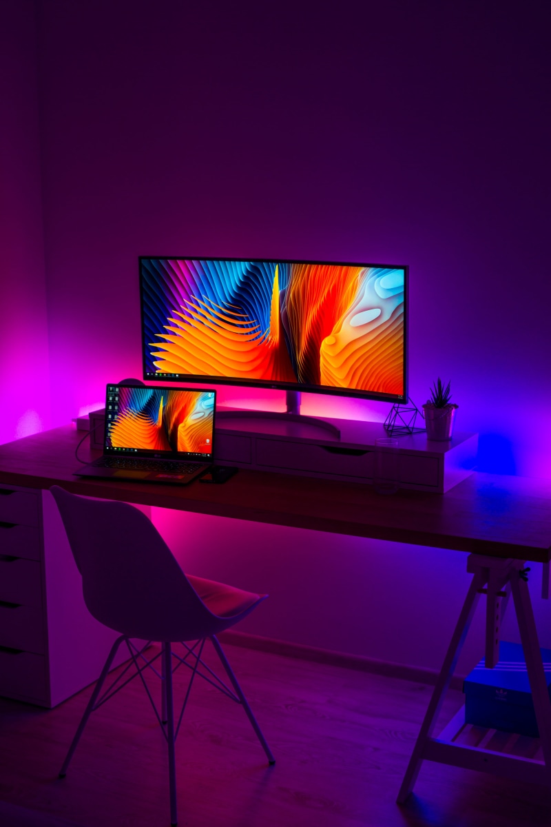 table, chair, technology, home, desk, night, macbook, laptop, modern, domestic Room, black, computer, neon, no People, furniture, light - Natural Phenomenon