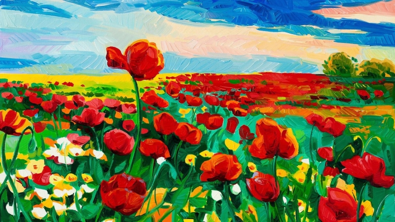 artwork, oil painting, field, painting, landscape, tulips, flower, art, red tulips, flowers, meadow, 1080P, landscape painting, painting art, sky, spring