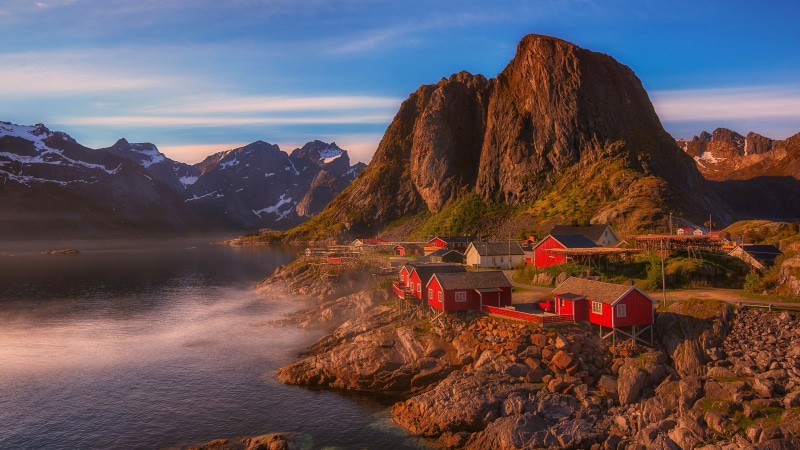 sky, europe, fjord, norway, 4K, rock, landscape, village, mountain, red houses, countryside, fishing village, reine, reflection, nature, rural area, lofoten