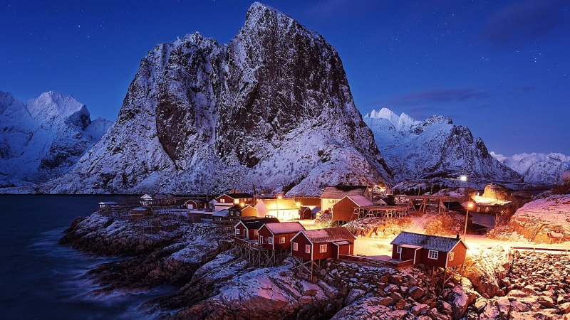night, 1080P, lofoten, village, norway, night sky, landscape, nature, hamnoy, red houses, dusk, sky, europe, fishing village, cabin, mountain, snow, winter