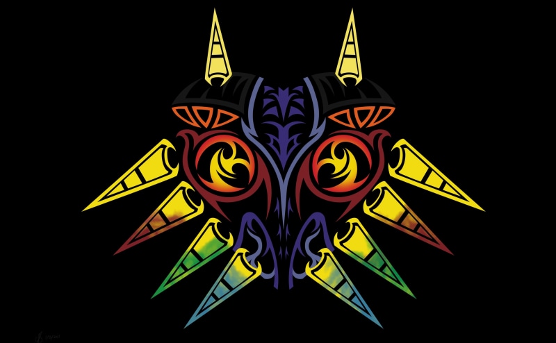  creativity, shape, lighting equipment, illuminated, ornate, neon, majoras mask, craft, indoors, hd, studio shot, pattern, close-up, design, majoras