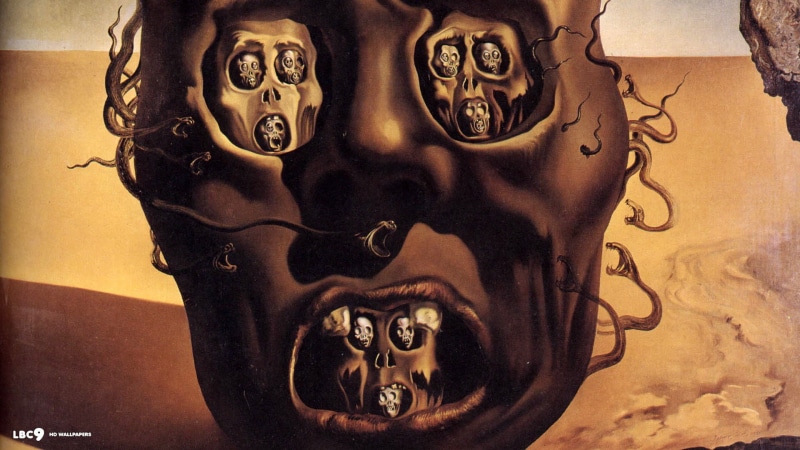 1080P, time, male likeness, indoors, bone, art and craft, mask - disguise, people, human skeleton, human representation, body part, representation, Salvador Dalí