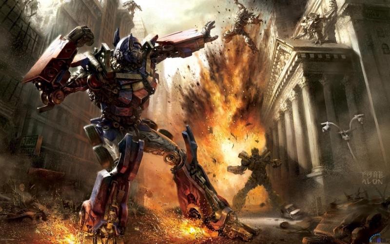 transformer, indoors, technology, fire, water, smoke - physical structure, fantasy art, Transformers: The Game, people, machinery, burning, industry, exploding