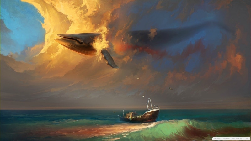 fantasy art, whale, clouds, sea, 1080P, sky, boat, surreal