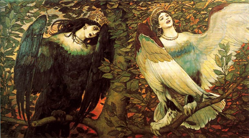 angel, two, Vasnetsov Viktor, tree, feather, sculpture, mural, foliage, representation, head, day, religion, birds, painting, female likeness, human, plant