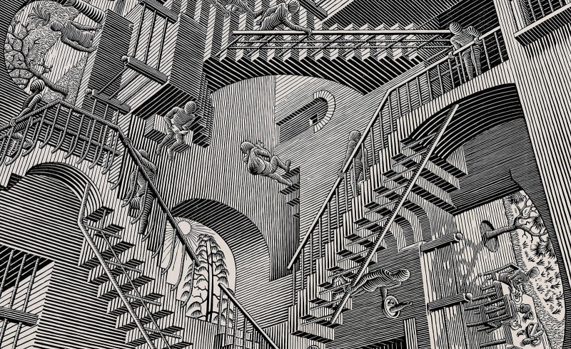 indoors, artwork, optical illusion, staircase, 720P, stairs, monochrome, imagination, drawing, building, M. C. Escher