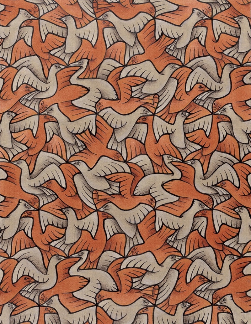 art and craft, flooring, design, artwork, backgrounds, M. C. Escher, no people, birds, red, orange color, close-up, full frame, wall - building feature