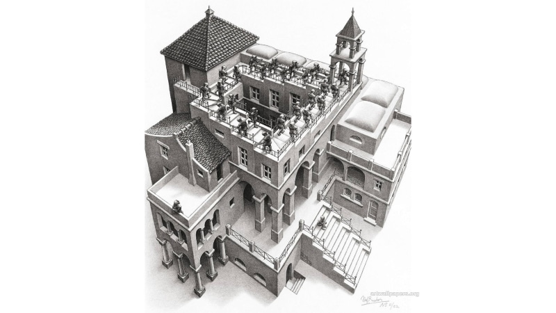 tower, M. C. Escher, psychedelic, building, pillar, rooftops, stairs, optical illusion, arch, lithograph, 1080P, house, artwork, monochrome