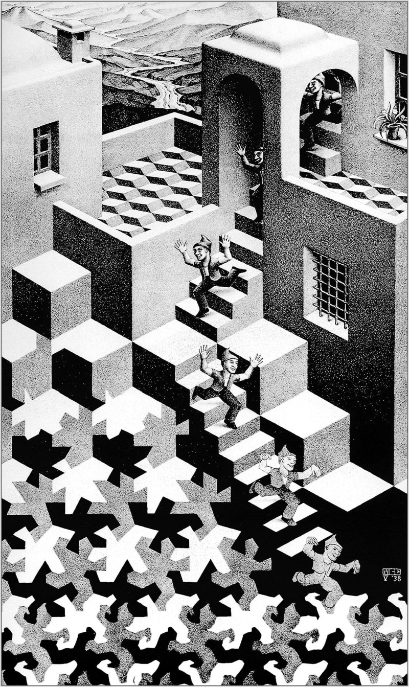 stairs, 1080P, Lithograph, monochrome, M. C. Escher, Optical Illusion, artwork, Portrait Display, building, cube